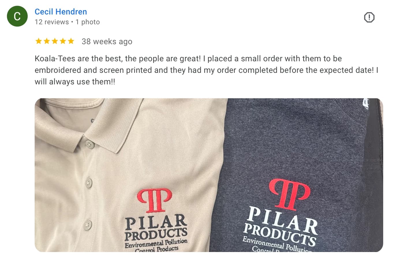 Five-star Google review by Cecil Hendren: embroidered and screen-printed order completed before the expected date