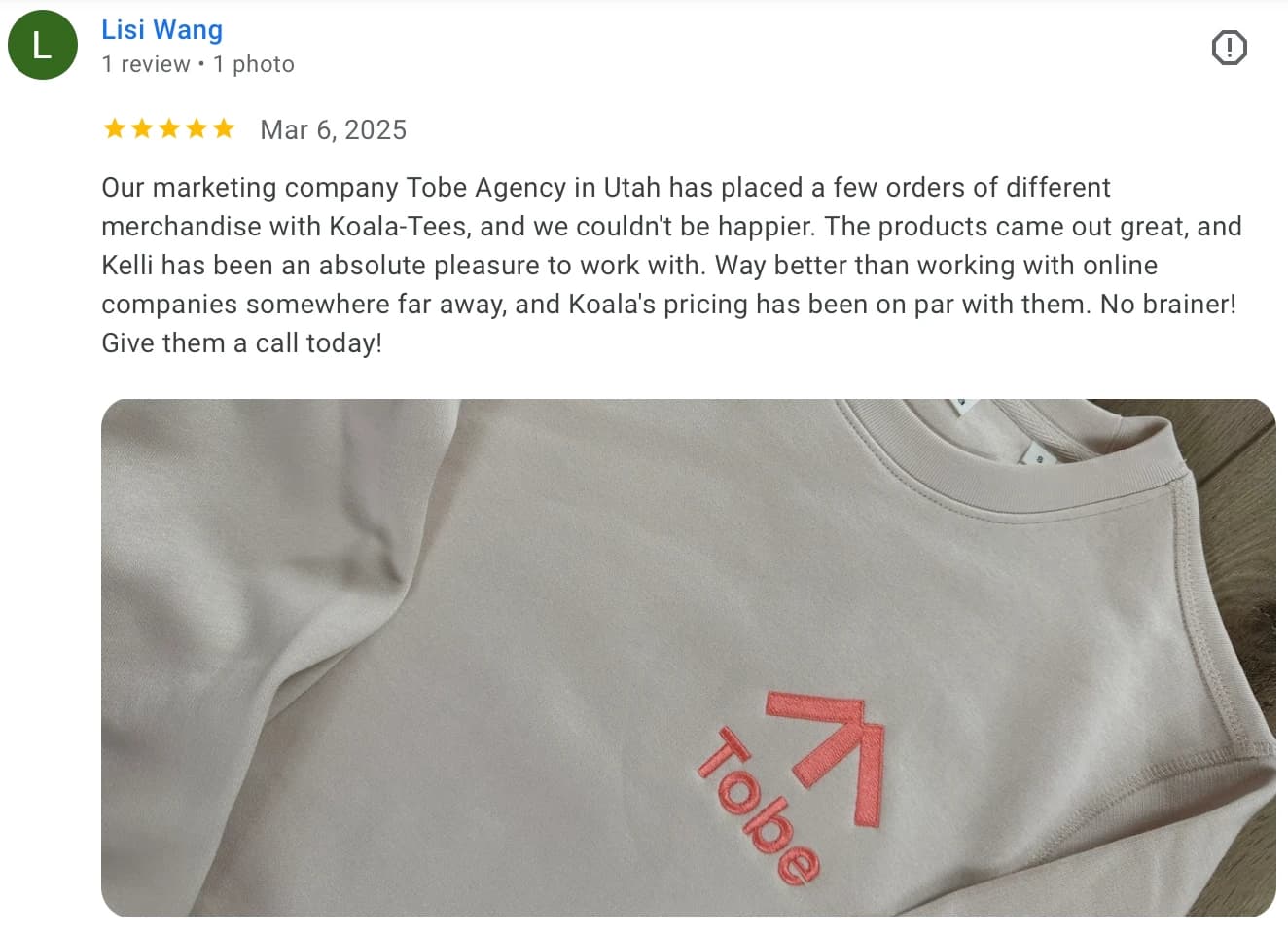 Five-star Google review by Lisi Wang of Tobe Agency: products came out great, way better than working with faraway online companies